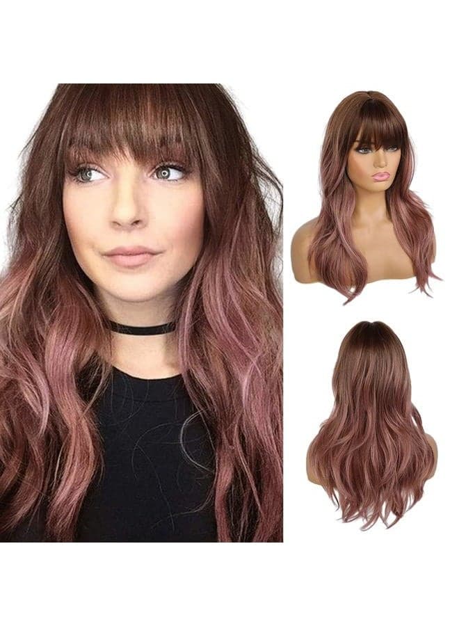 Long Wavy Wigs with Bangs Purple Pink Wigs for Women, 20 Inch Natural Curly Hair Wig With Air Bang Synthetic Ombre Wigs, Party Cosplay Daily Use