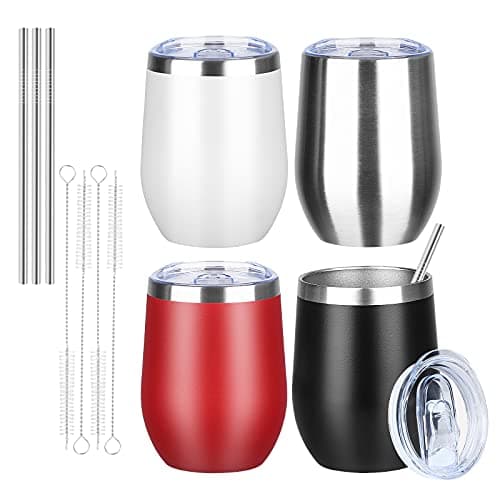 MEZMUT 12 Oz Insulated Wine Tumbler with Lid Double Wall Vacuum Stainless Steel Wine Glass Coffee Mug Insulated Tumbler Cup for Champaign Cocktail Beer Multicolor 4 Pack
