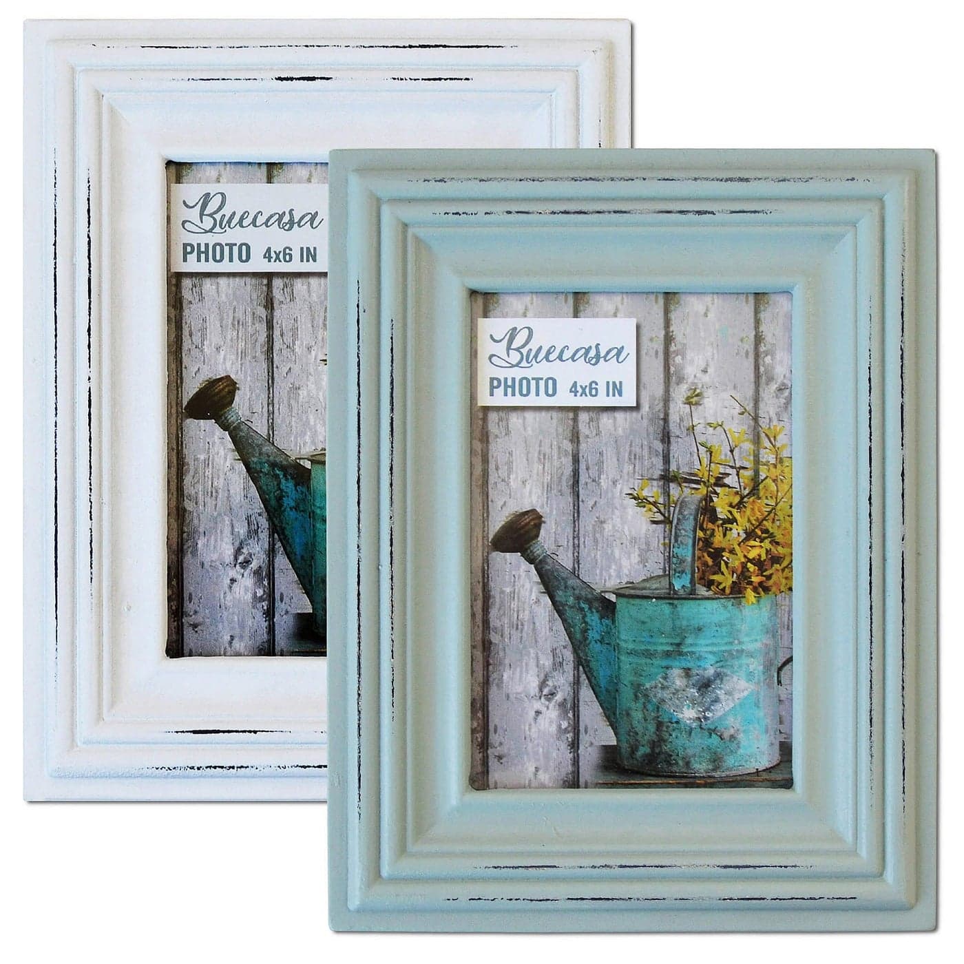 Buecasa Rustic 4x6 Inches Wooden Picture Frame Pack of 2 Vintage Cyan and White in Gift Box Distressed Wood High Definition Glass Photo Frame Outside 6x8 Inches