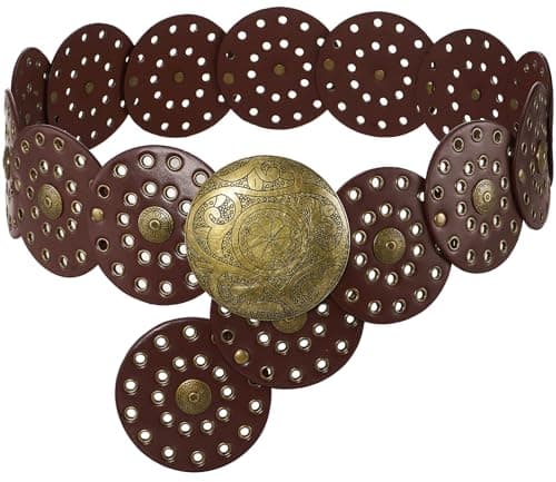 Suyi Wide Disc Belt for Women Leather Hollow Out Round Belts Vintage Western Waist Belt 115CM Brown