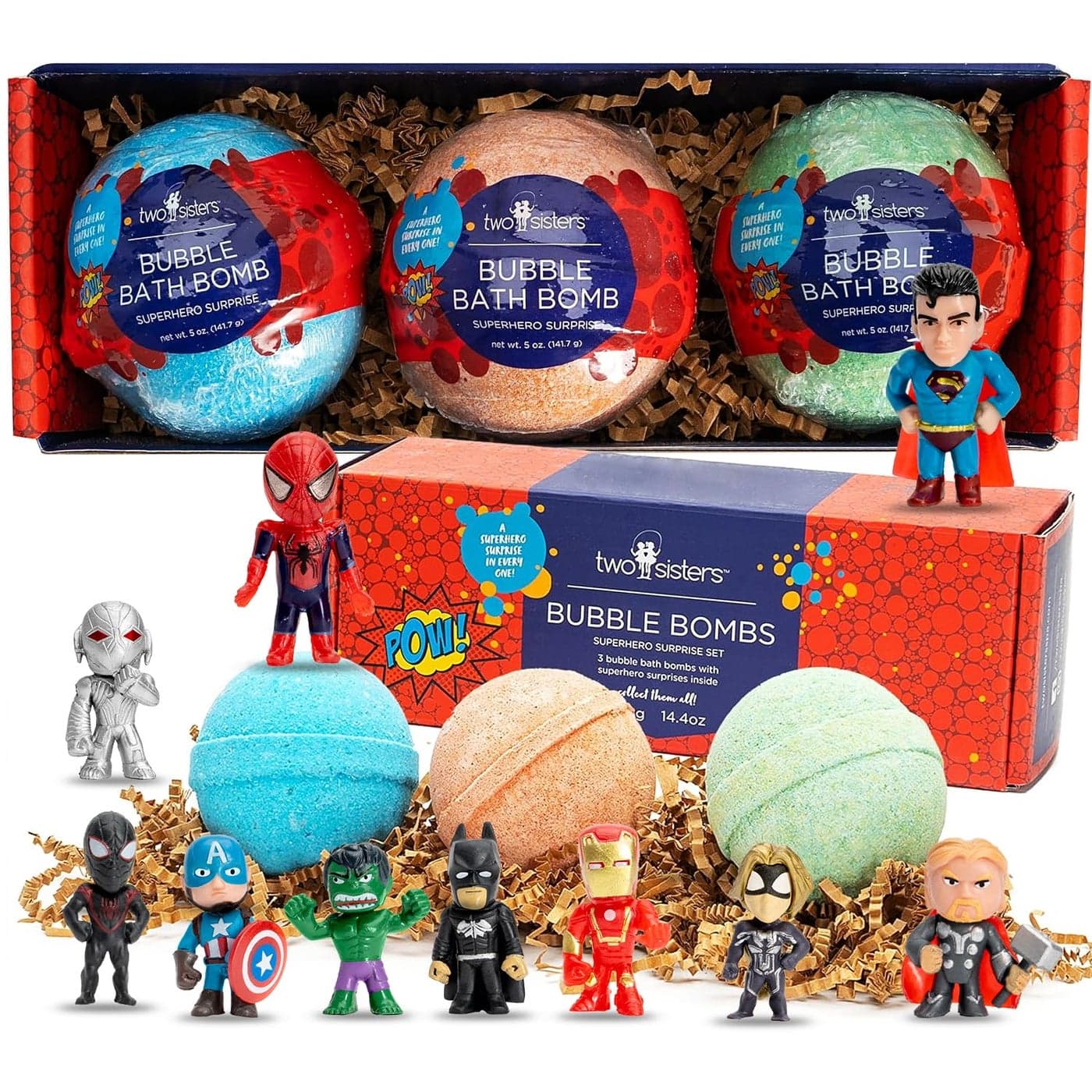 Superhero Bath Bombs for Kids with Surprise Toys Inside 3 Pack Large Bubble Bomb for Boys Girls Fizzies Relaxing Aromas Made in USA SkinSafe StainFree by Two Sisters