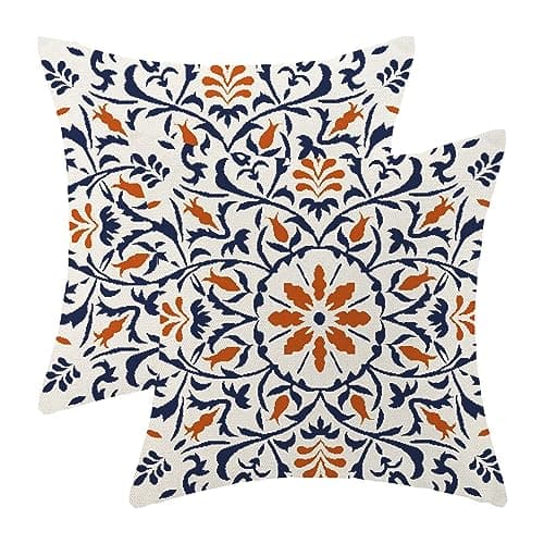 Navy Blue Orange Boho Pillow Covers 18x18 Set of 2, Bohemian Ethnic Carpet Pattern Design Decorative Throw Pillows Linen Blue Print Farmhouse Cushion Pillow Covers for Sofa Couch Outdoor Decor