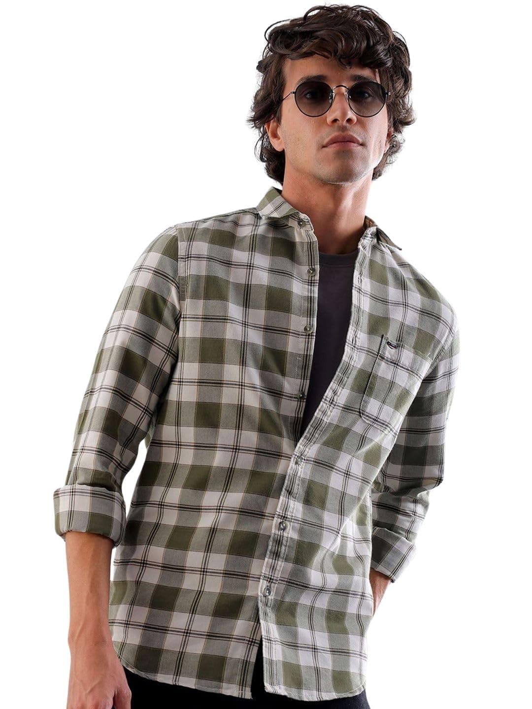 The Indian Garage Co Men Slim Fit Checkered Casual Shirt (Green_S)
