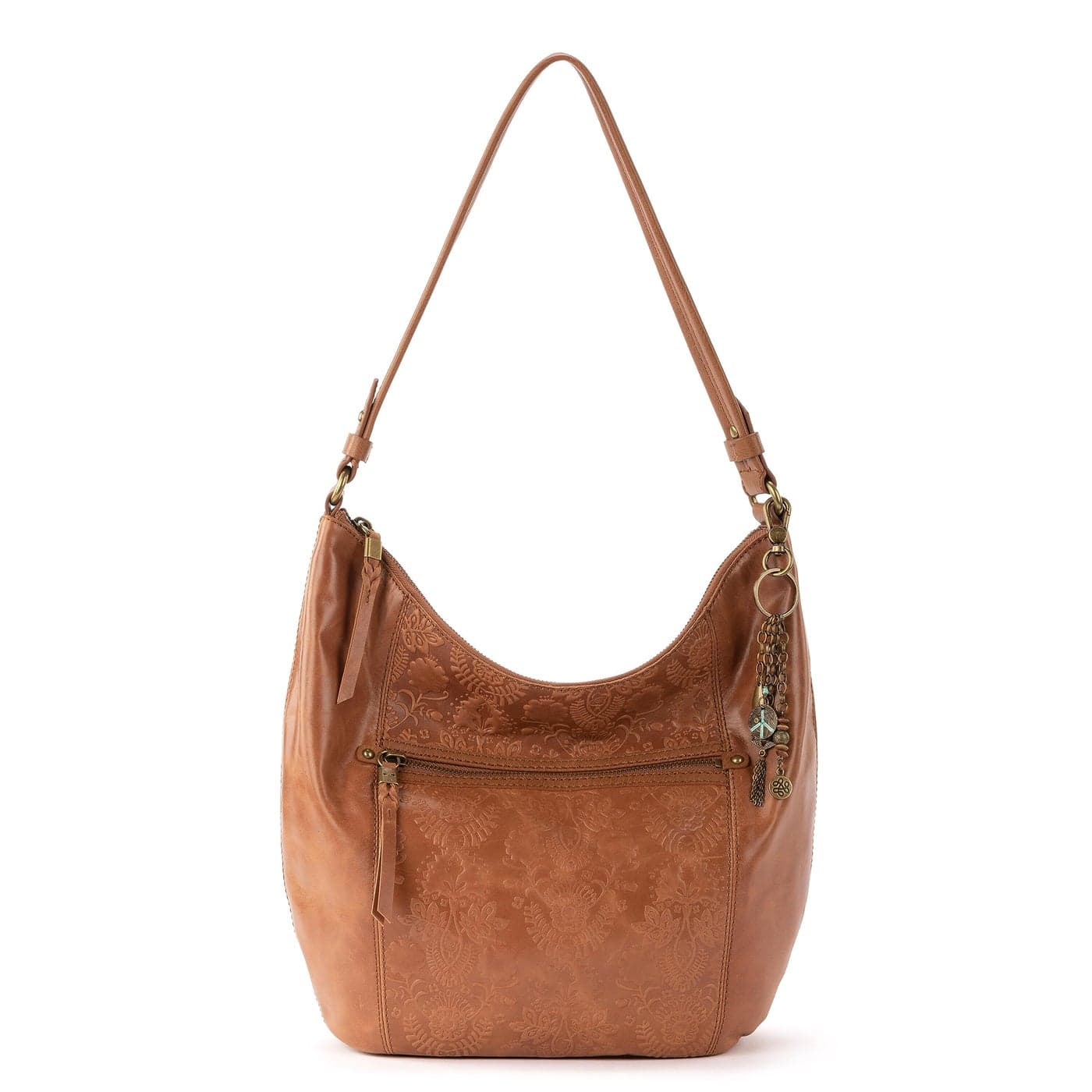 The Sak Sequoia Hobo Bag in Leather Single Shoulder Strap Tobacco Floral Emboss