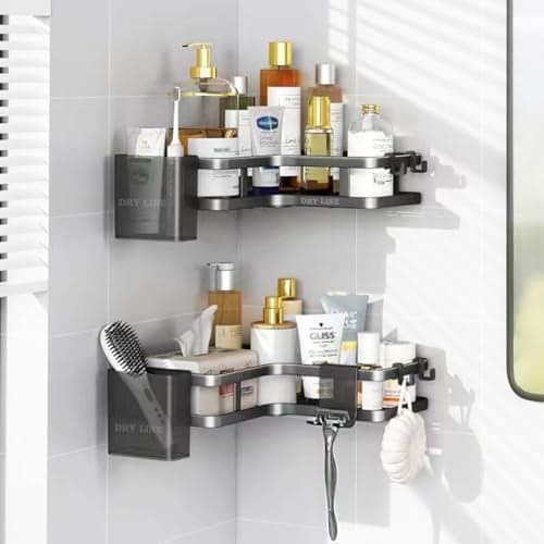 DRY LINE Metal Self Adhesive Corner Shelf for Bathroom Multipurpose Wall Shelves for Kitchen/Home (Set of 2) with Magic Sticker No Drilling Rack Black Basic Organizer with Attachments