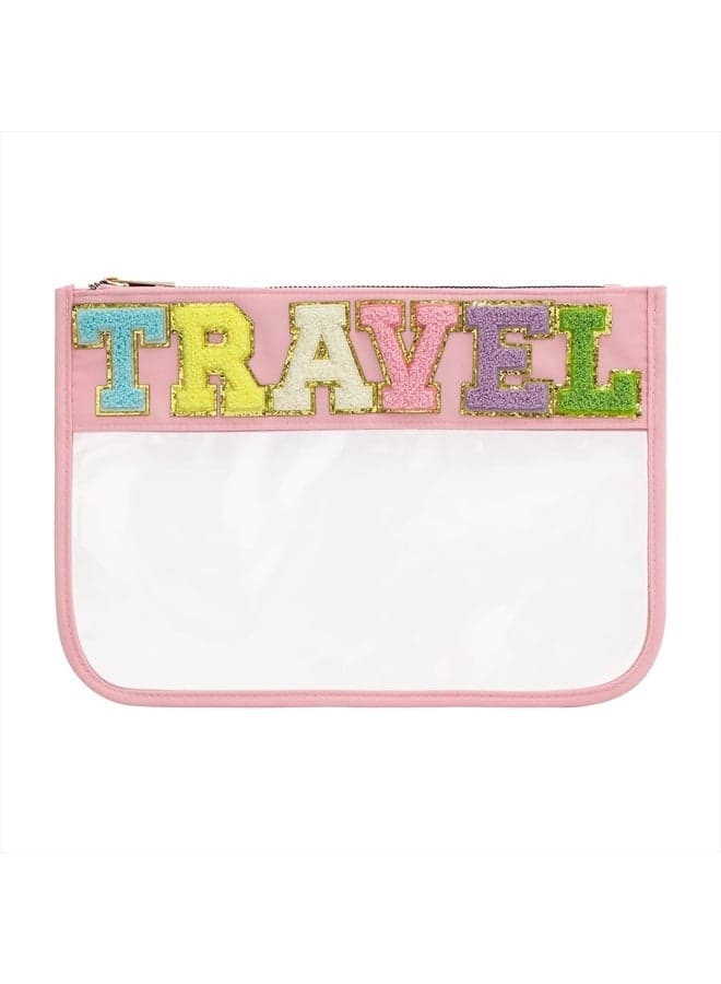 Chenille Letter Clear Zipper Pouch for Travel,Nylon Clear Cosmetic Bag,Makeup Travel Bag for Women (Pink-Travel)