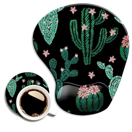 DOOKE Ergonomic Mouse Pad with Wrist Support and Coaster,Mouse Pads with Non-Slip PU Base for Home Office Working Studying Easy Typing & Pain Relief Cute Cactus