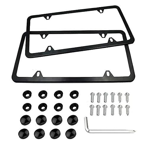 Indeed BUY License Plate Frames Black, 2 Pcs 4 Holes Car Licenses Plate Covers Stainless Steel Holders Frame for Plates with Screw Caps.