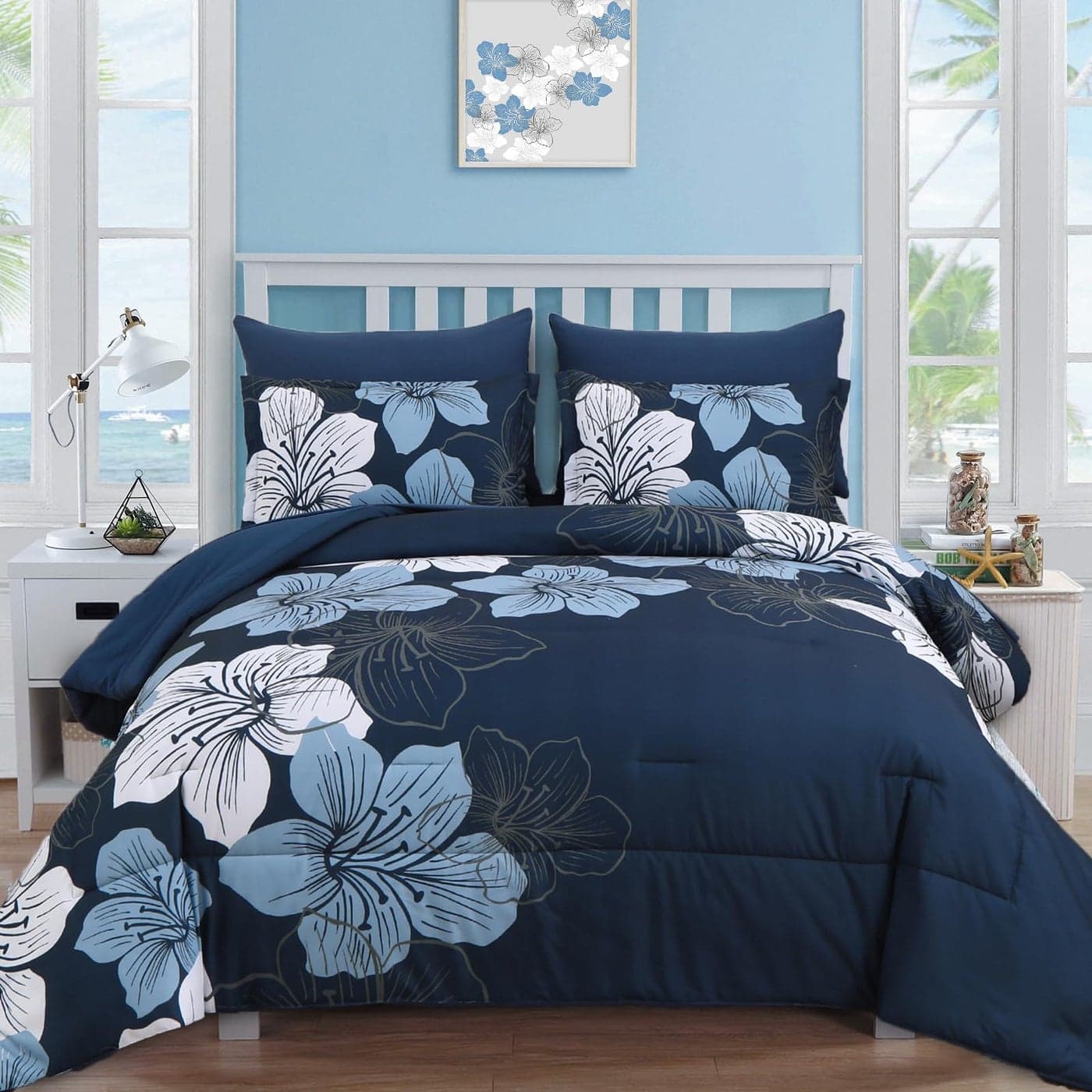 Luxudecor Navy Blue Comforter Set Queen Size 7 Pieces Bed in a Bag Navy Blue Floral Comforter and Sheet Set Soft Microfiber Complete Bedding Sets for All Seasons
