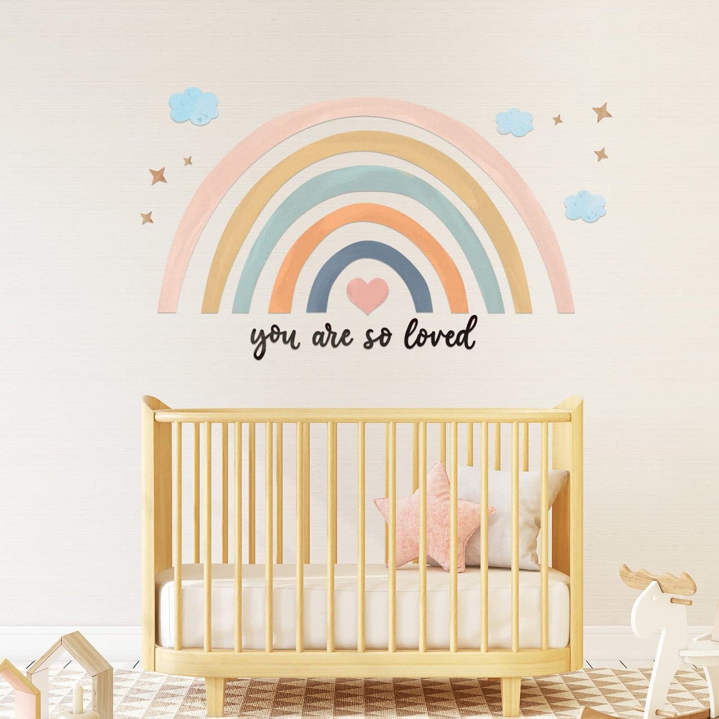 Containlol 30 x 14 Inch Rainbow Wall Decal Pastel Large Heart Wall Stickers Decor Peel and Stick Boho Wallpaper Decor for Girls Kids Bedroom Nursery PlayroomBlue PinkCute
