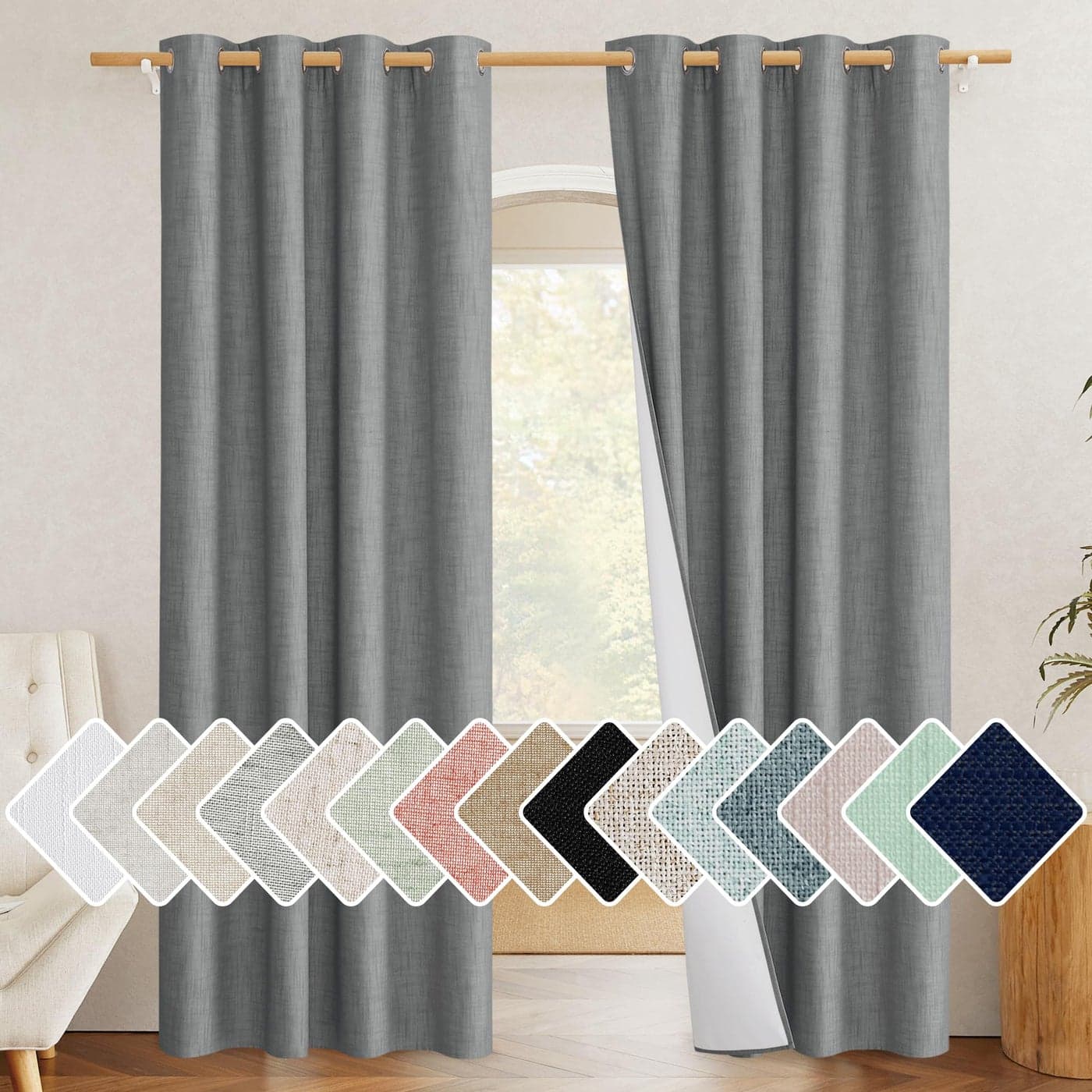 NICETOWN 100 Absolutely Blackout Linen Curtains with Thermal Insulated White Liner 52 Wide 2 Panels 84 inches Long Drapes Grommet Retro Dove Grey Linen Vertical Drapes Privacy for Bedroom