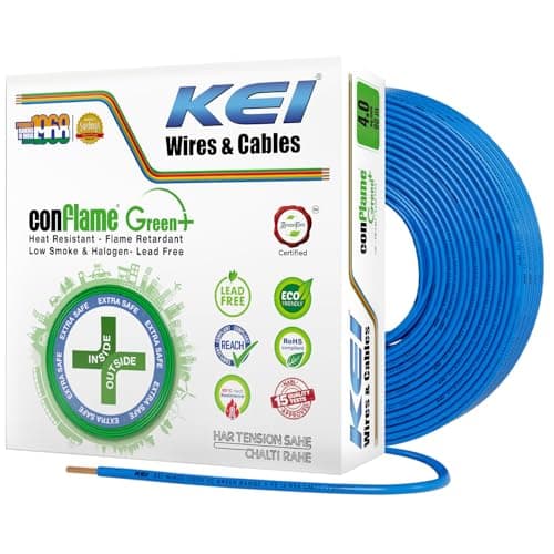KEI CONFLAME GREEN PLUS 4 sqmm 1 Core Copper Heat Resistant Flame Retardant Low Smoke & Halogen - Lead Free House Wire for Domestic & Industrial Electrical Wiring (Blue, 90 Meters)