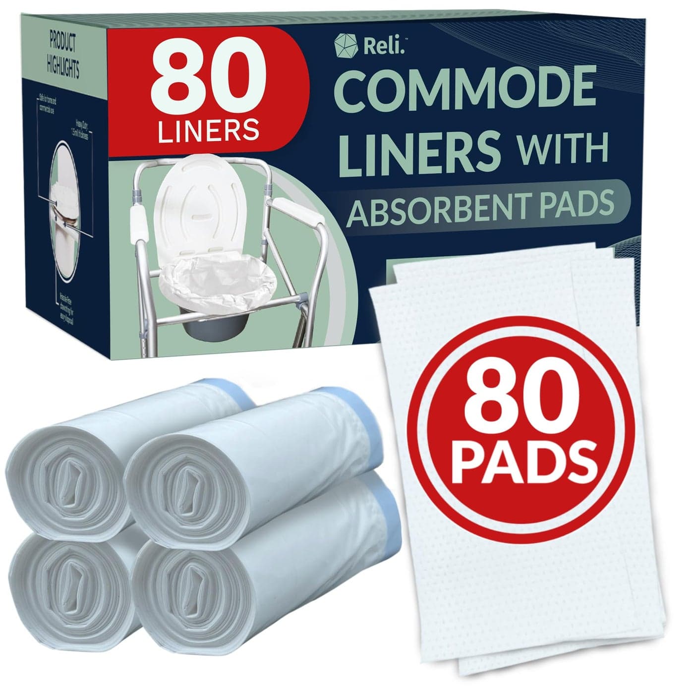 Reli Commode Liners with Absorbent Pads Bulk 80 Pack 80 Each Liner and Pad Use in Bedside Toilet Chair Bucket Portable Toilet Poop Bags Disposable Bed LinerWaste Bags
