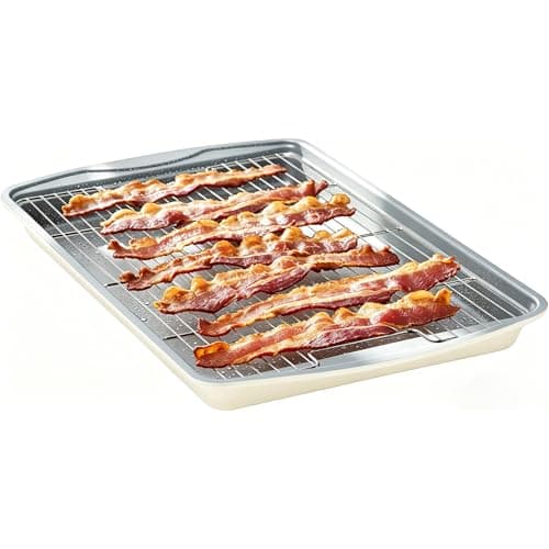 Ymiton Nonstick Crisp Baking Tray With Wire Rack, Ceramic Coating Jelly Roll 15x10 Cookie Sheet Pan, Non-Toxic, PTFE & PFOA Free, Oven Safe 550°F, Dishwasher Safe, Aluminized Steel, Sunshine Cream