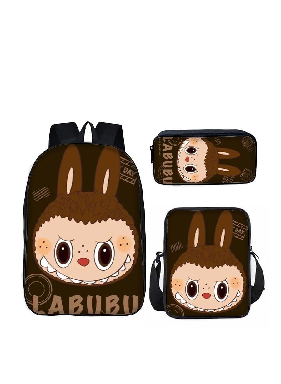 Labubu Pattern Student Backpack Set - Double Shoulder Bag + Pencil Case + Cross-body Bag, Water-resistant, Ultra-light, Durable, Expandable, Lightweight, Organizable, Spine-friendly, Nighttime Safety Reflective, Suitable for Grades 3-6