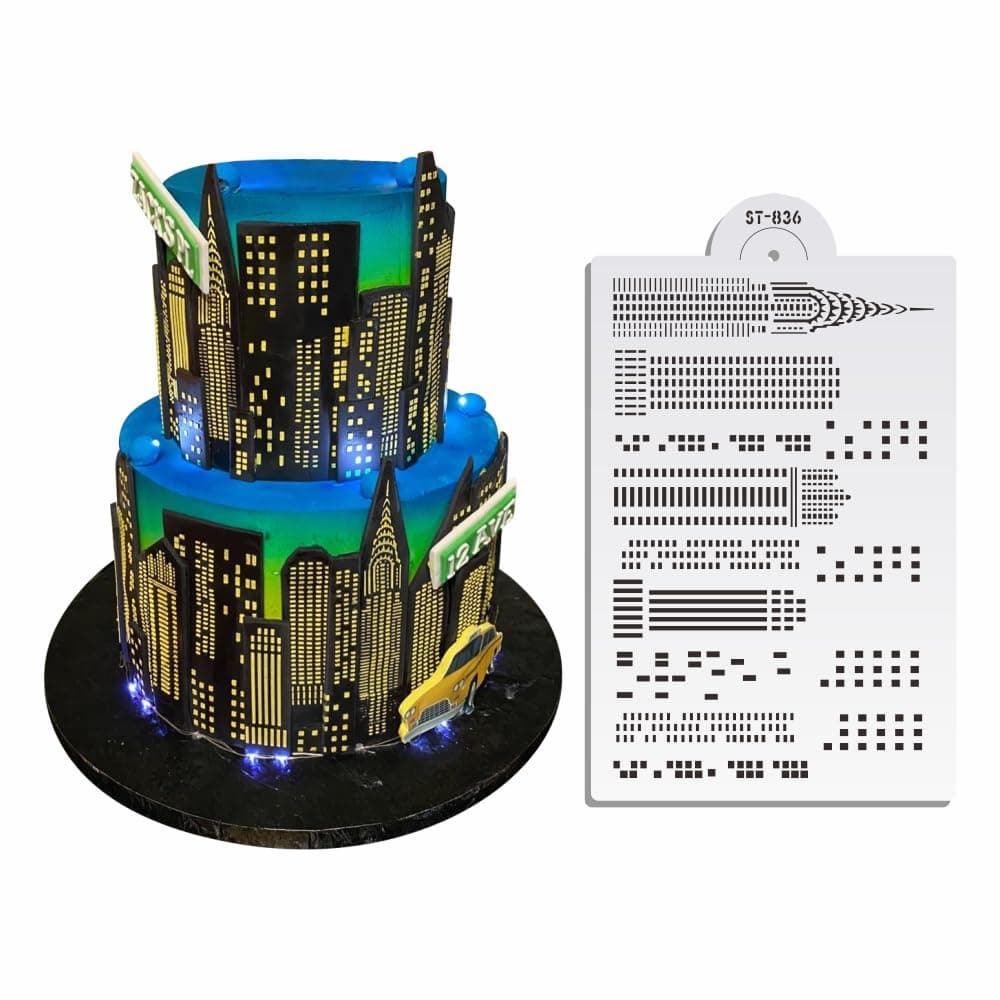 Art Kitchenware Skyscrapers Plastic Cake Stencil for Airbrush Royal Icing Fondant Cake Decorating Bakery Tools 8557 ST836