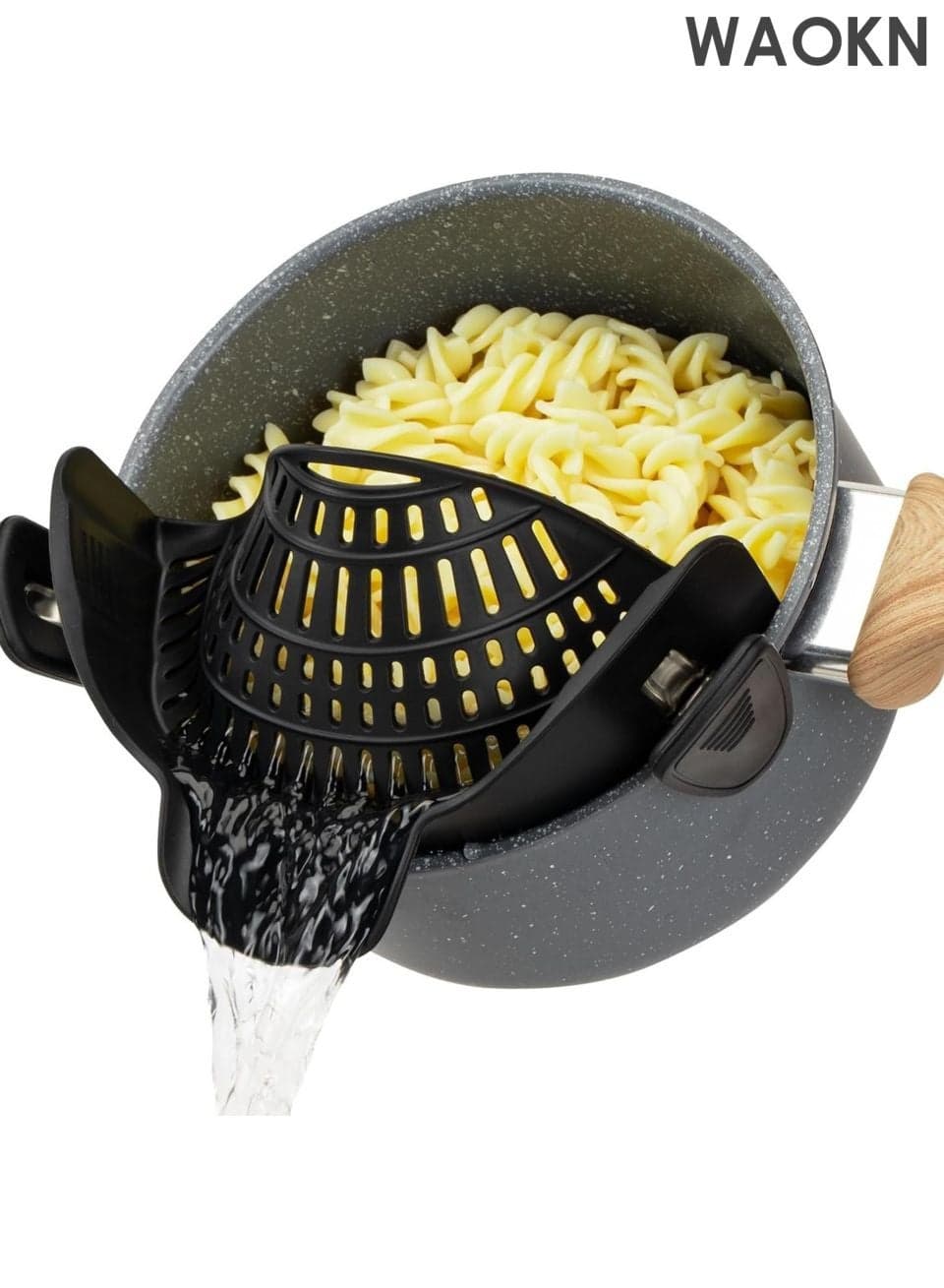 Clip On Strainer Silicone for All Pots and Pans , Pasta Strainer Clip on Food , Strainer for Meat Vegetables Fruit Silicone Kitchen Colander , Safe material, BPA free, easy to use ,Anti spill and leak water filter, black .