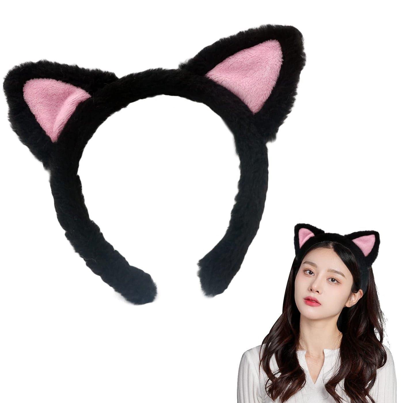 AEGYPIUS Cat Ear Headbands Plush Soft Ears for Makeup Shower Teen Girls Women Black