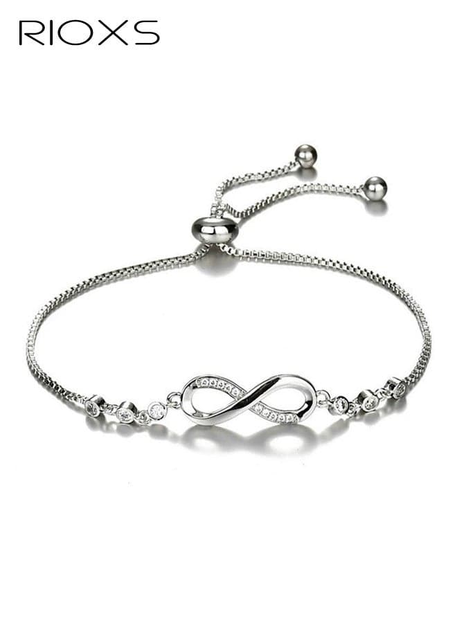 Women's Silver Bracelet, Infinity Symbol Adjustable Jewelry, Elegant Geometric Figure-8 Crystal Accessory, Everyday Wear, Gift, Silver