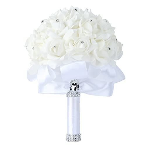 Febou Wedding Bouquet Crystal Roses Bridesmaid Bouquet Bridal Bouquet Artificial Flowers for Wedding Party and Church White