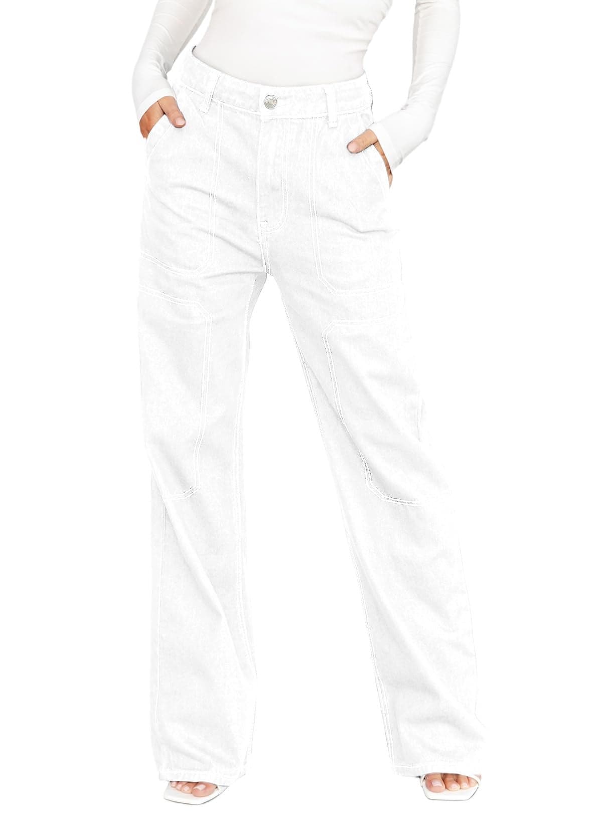Dokotoo Wide Leg Jeans for Women Casual High Waisted Cargo Jeans Denim Pants White Size 12