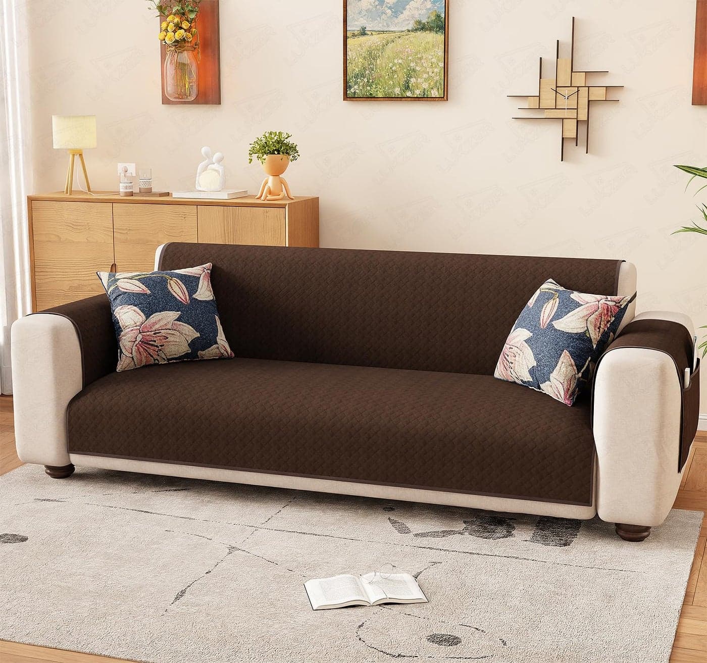 Lukzer Polyester Blend 2 Seater Quilted Sofa Cover Mat Walnut Design (350 GSM)|Full Coverage with Arms & Back Belt for Stability|Machine Washable Sofa Runner with Storage Pocket (110-120CM/SC-195-02)