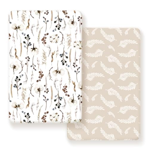 GRSSDER Stretchy Ultra Soft Jersey Knit Fitted Pack n Play Sheets Set 2 Pack Neutral PortableMini Cribs Sheets Fit Playards Mattress Pads Safe and Snug Stylish Pretty Flora for Baby Beige