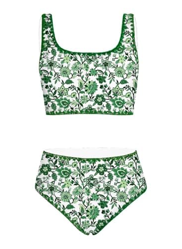blibean Tween Girl Swimsuits Little Kids Girls Summer Swim Bathing Suits Teen Fashion Two Piece Bikini Boho Hawaii Swimwear Beach Sets Traje Baño Niñas Size 12-13 Year Old Green Floral