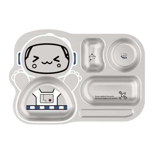 Basil Stainless Steel Spaceship Plate for Kids - Kids Plates for Food with 4 Compartments - Dinner Plates for Baby - Unbreakable Dinner Plates - Ideal for Birthday, Return Gifting - Dino