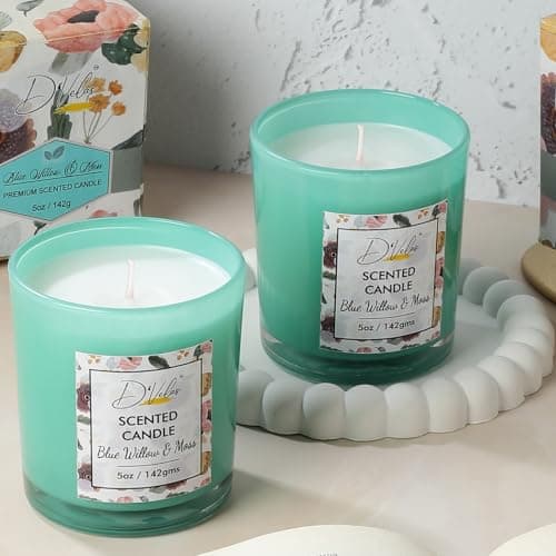 D'Velas™ Pack of 2 Scented Glass Candle (5oz/142g Each) - Blue Willow & Moss | Up to 26 Hours Burn Time | Smokeless & Clean Burn | Home Decor, Gifting & Relaxation | Elegant & Calming Glow