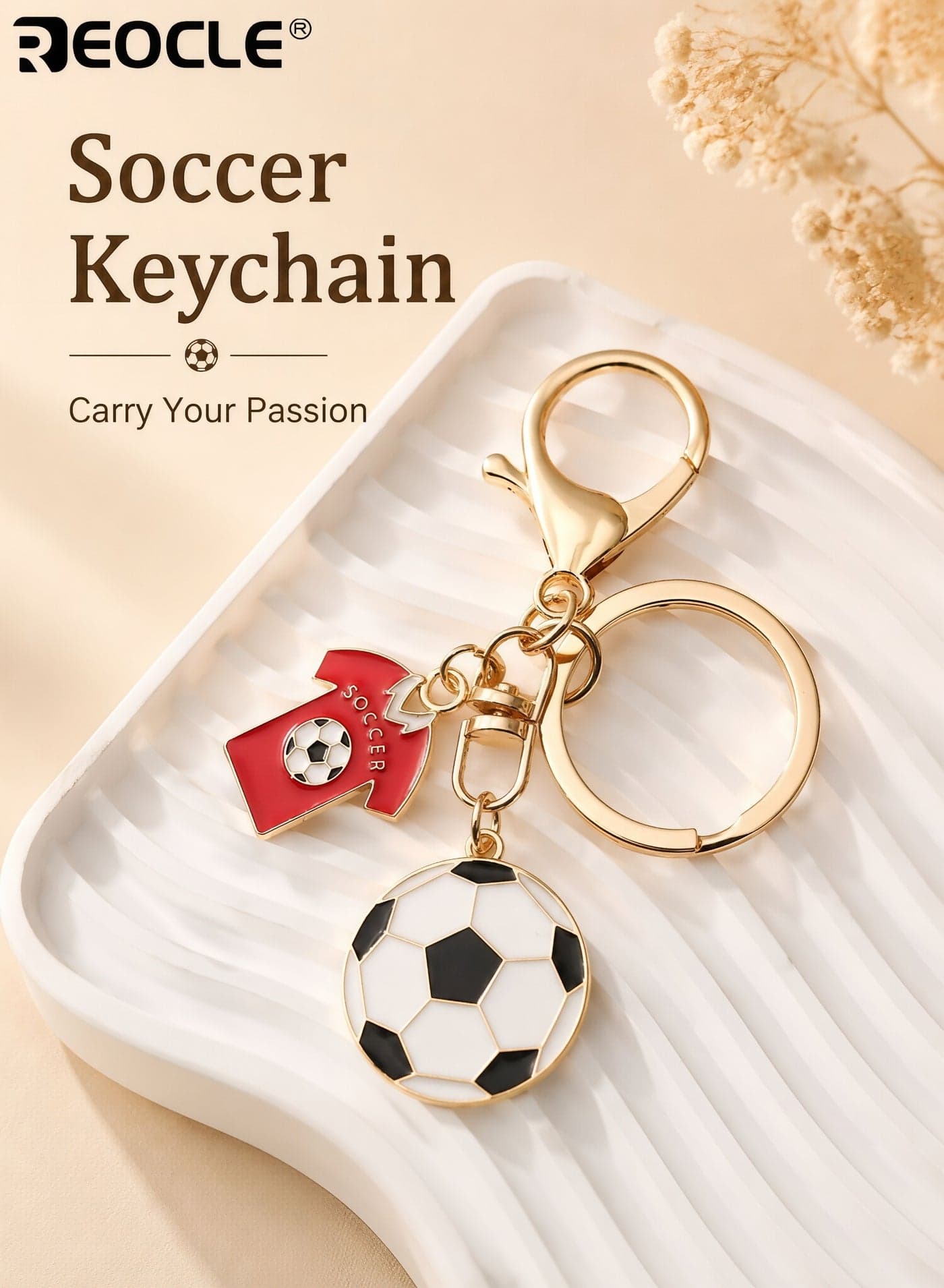 Soccer Themed Keychain with Enamel Soccer Ball and Jersey Charms Gold-Tone Key Ring with Lobster Clasp for Keys Bags & Daily Styling