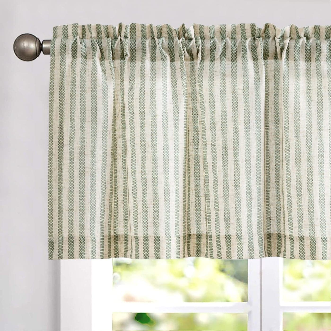 Vangao Kitchen Valance Linen Blend Stripe Short Curtains Farmhouse Country Rustic Pinstripe Tickingstripe Light Filtering Rod Pocket Window Topper Treatments 16 Inch 1 Panel Green on Beige