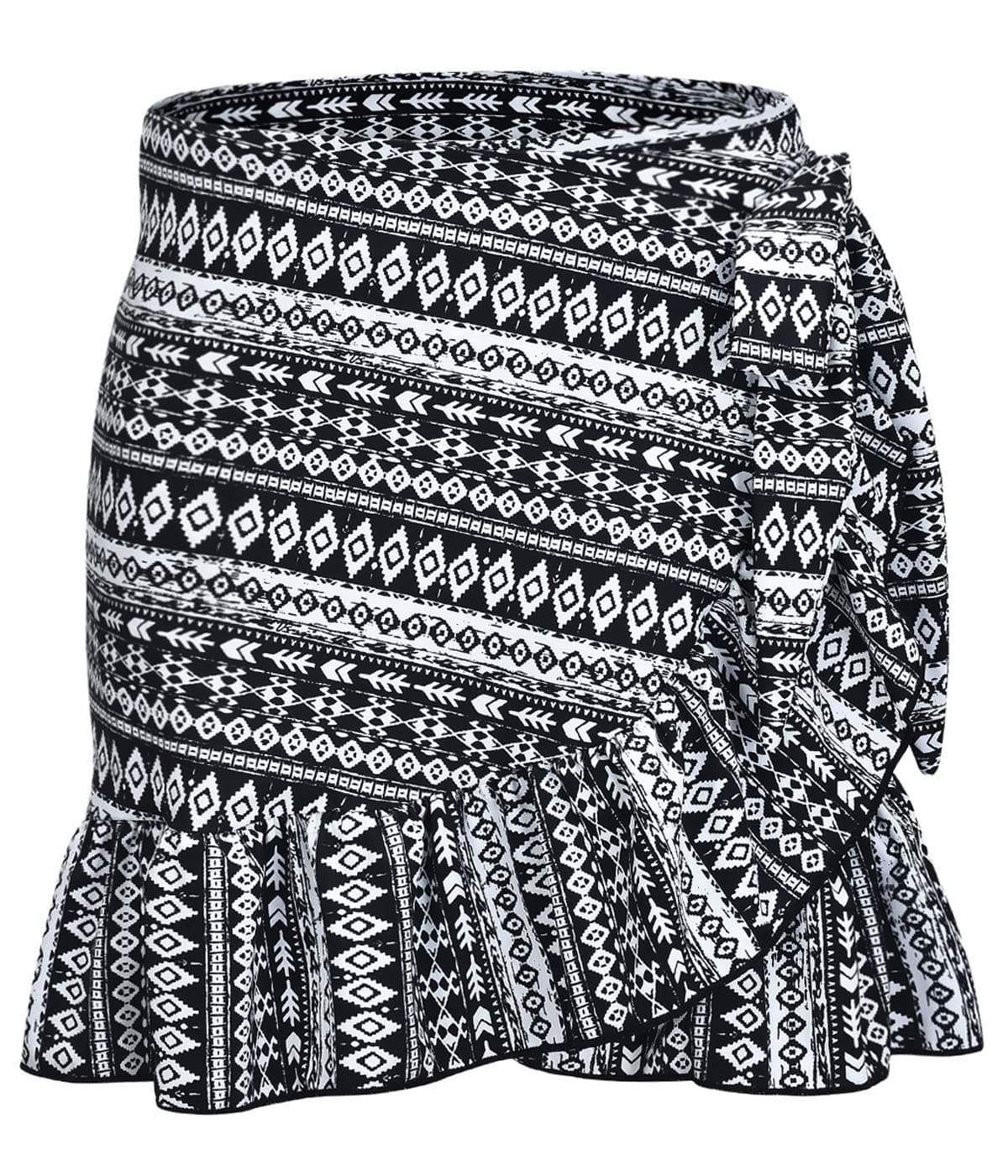 UPF 50+ Women's Ruffle Sarongs Beach Wrap Cover Up Swimwear Bikini Bottoms High Waisted Tankini Swim Skirts Swimdress Black Folk Design Size XS-S