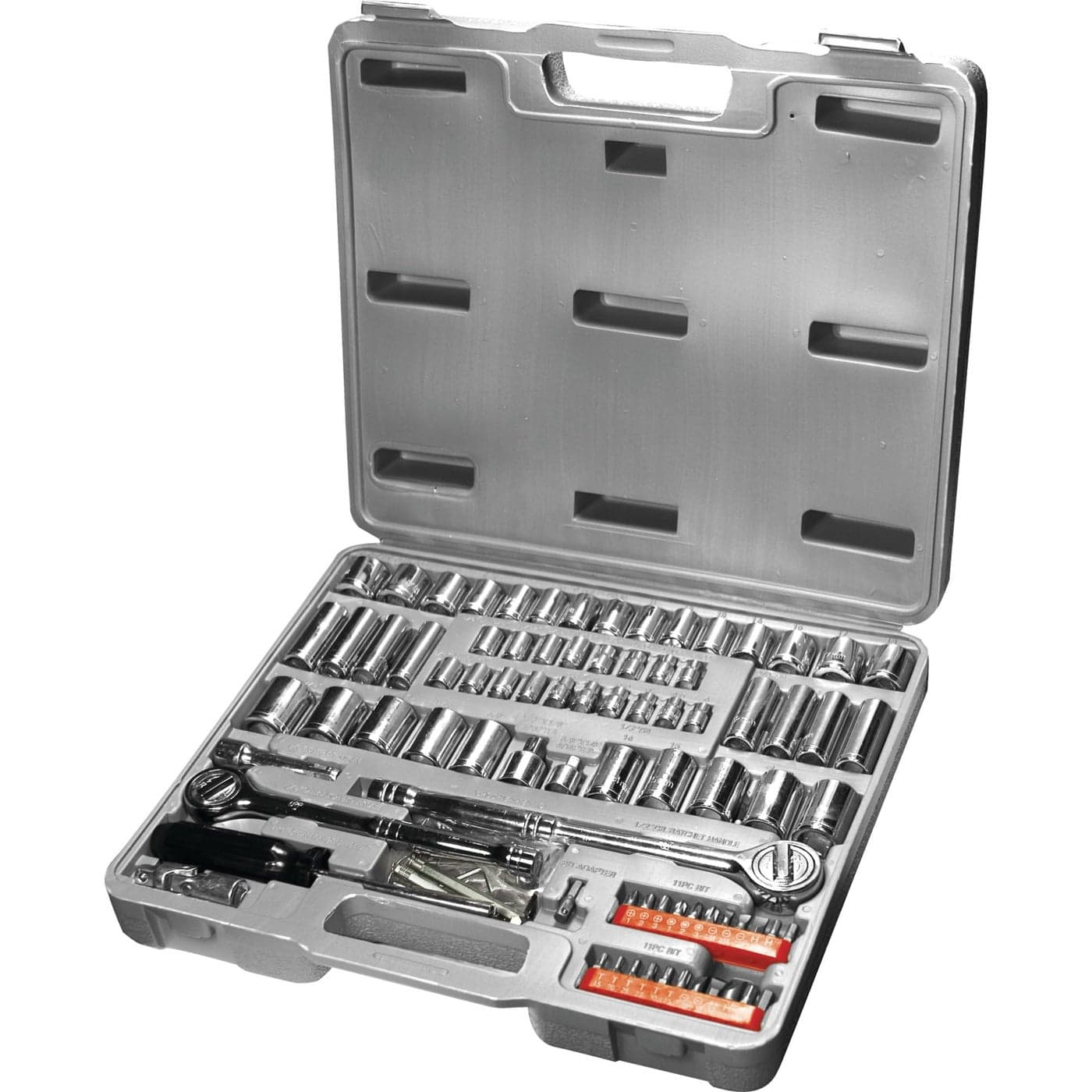 Performance Tool W1198 SAEMetric 100Piece Socket 14Inch 38Inch 12Inch Drive and Bit Set