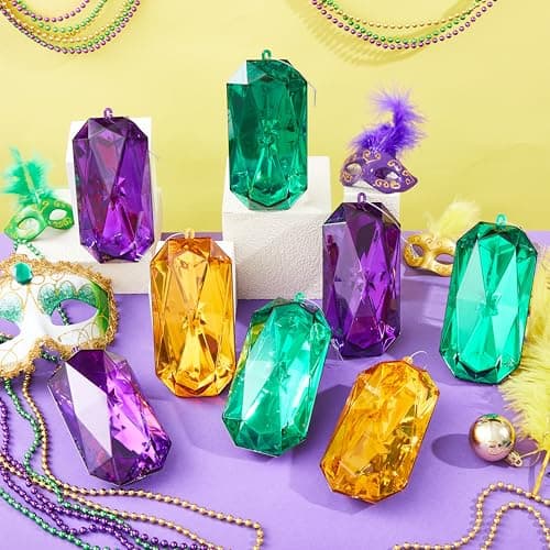 Syhood 8 Pack Mardi Gras Jewel Ornaments 5.7" Long Glitter Purple Gold Green Gem Ornament Large Acrylic Gem Mardi Gras Decoration for Tree Masquerade Party Festival (Rhombus)