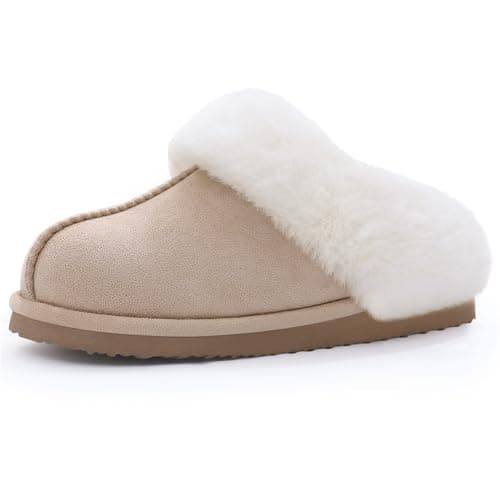 Litfun Fuzzy House Slippers for Women Fluffy Memory Foam Suede Slippers with Faux Fur Collar Indoor Outdoor, Apricot, Size 6-7