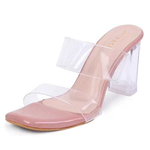 TRASE Transparent Double Strap Block Heels for Women Stylish | Fashionable Heel Sandals for Girls | Elegant & Formal Footwear (Peach, 4 UK)