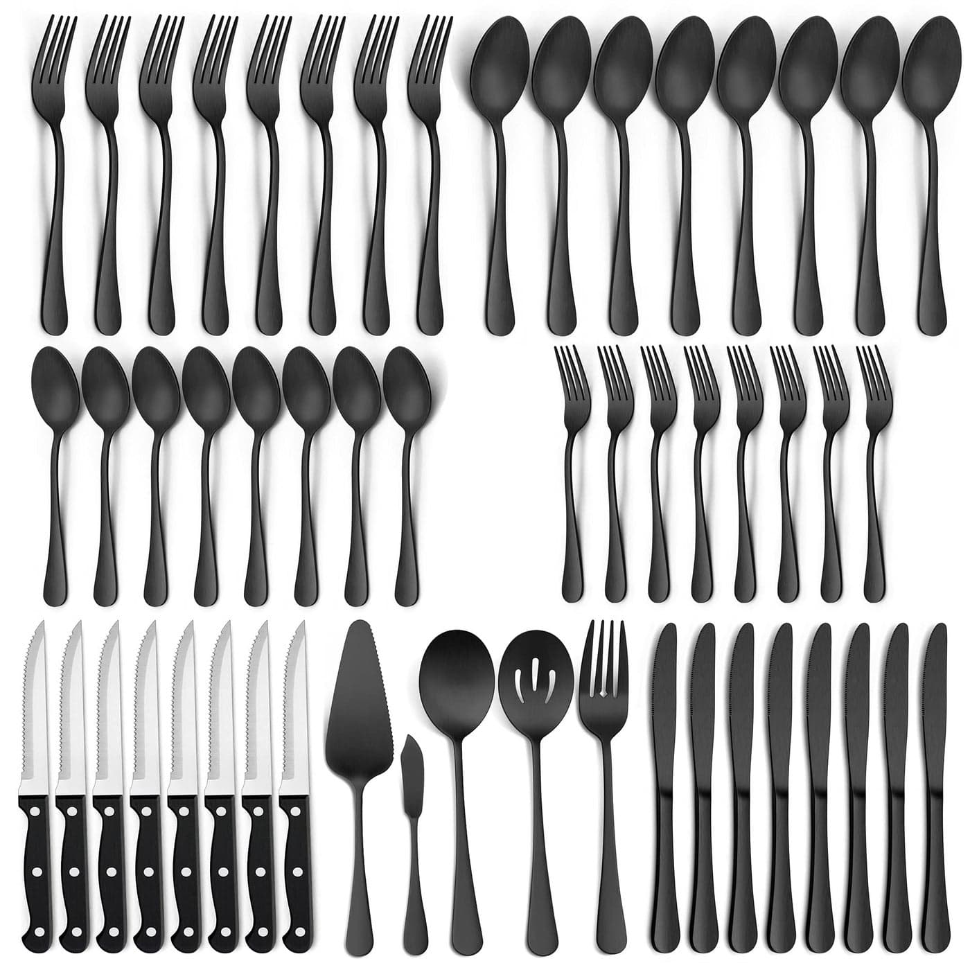 LIANYU 77Piece Matte Black Silverware Set with Steak Knives and Serving Utensils Modern Stainless Steel Flatware Cutlery Set for 12 Fancy Eating Utensils Tableware Dishwasher Safe
