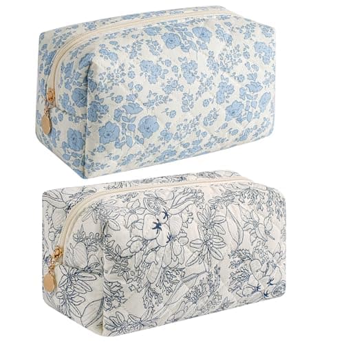 HHQQWZ Makeup Bag Travel Cosmetic Bag for Women Girls, Zipper Make Up Pouch, Floral Flowers Toiletry Organizer Makeup, Portable Storage Bag, Cosmetic Travel Cloth Bag (Blue Floral+Navy Blue Flower)