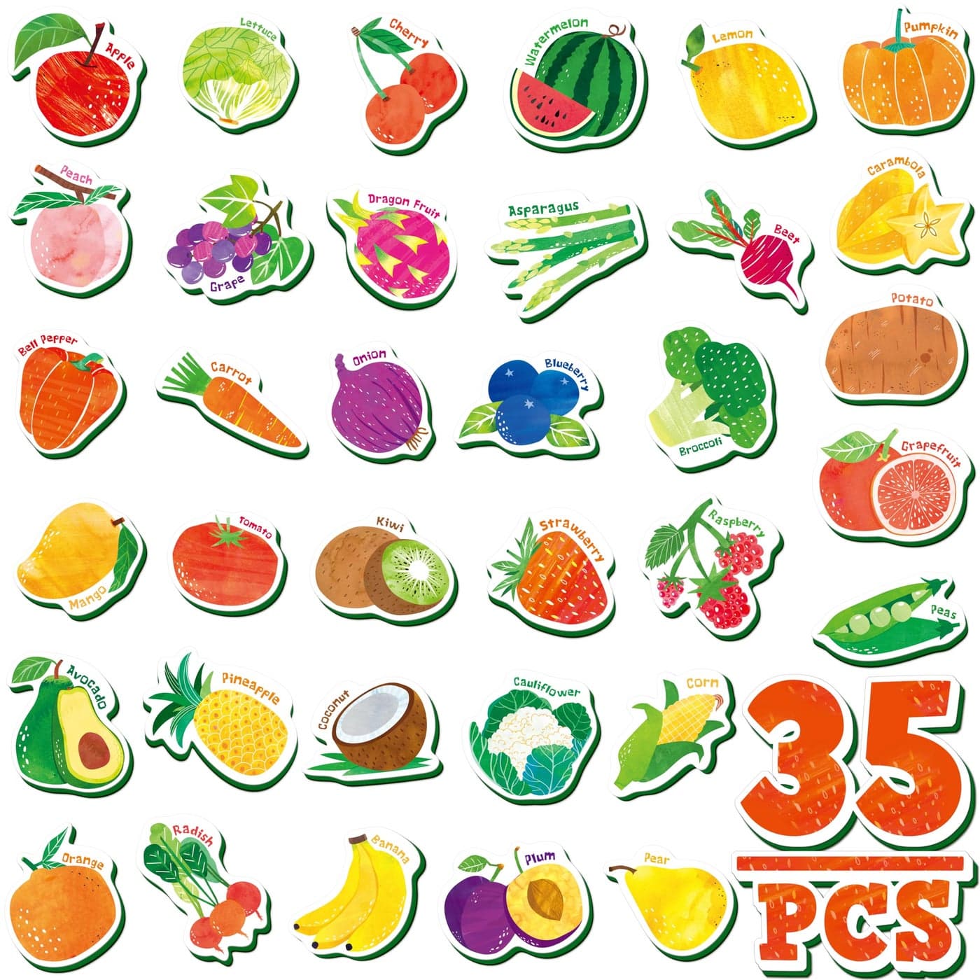 35 PCS Fruit Vegetable Magnets Adorable Magnetic Fruits Veggies Thick Foam Fridge Magnets Cute Educational Learning Toys for Toddles Kids