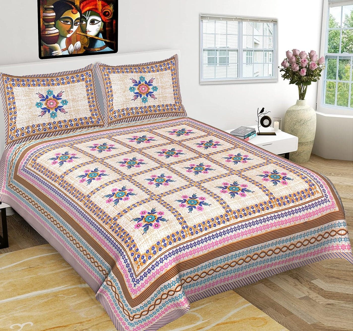 EarlyMart 100 Cotton Comfort 180 TC Rajasthani Jaipuri Traditional King Size Double Bed Bedsheet with 2 Pillow Covers Jaipuri_017