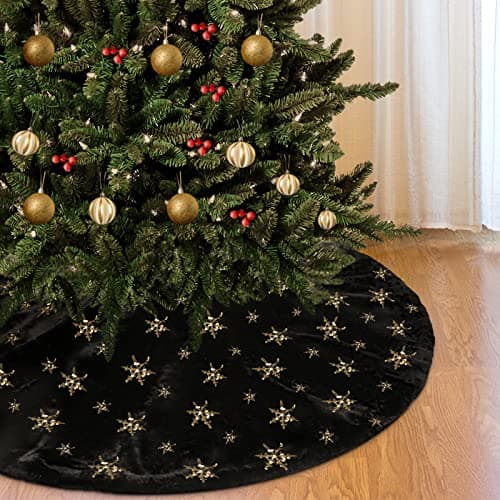 Amidaky Christmas Tree Skirt Black 30 Inch Faux Fur with Gold Glitter Snowflake Soft Fluffy Tree Skirt for Christmas Party Decoration, Black Gold Snowflake