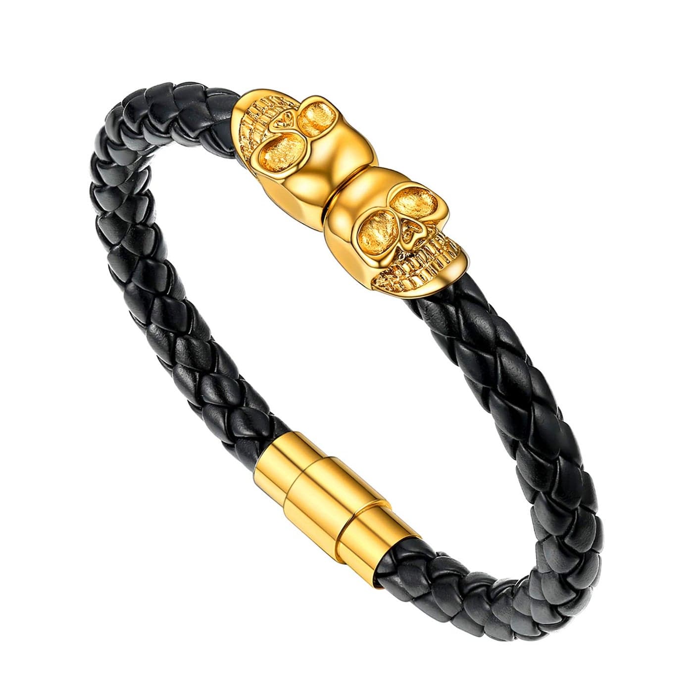 U7 Braided Leather Bracelets Mens Surfer Biker Gift Gold Plated Skull Gothic Bangle Cuff Leather Bracelets 7.5"
