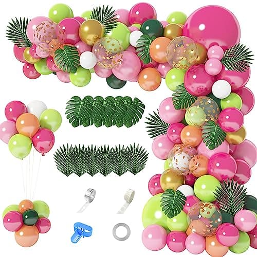 146Pcs Tropical Balloons Garland Arch Kit Hawaiian Luau Tropical Aloha Flamingo Party Decorations Hot Pink Fruit Green Rose Gold Confetti Balloons Palm Leaves Birthday Baby Shower Wedding Supplies