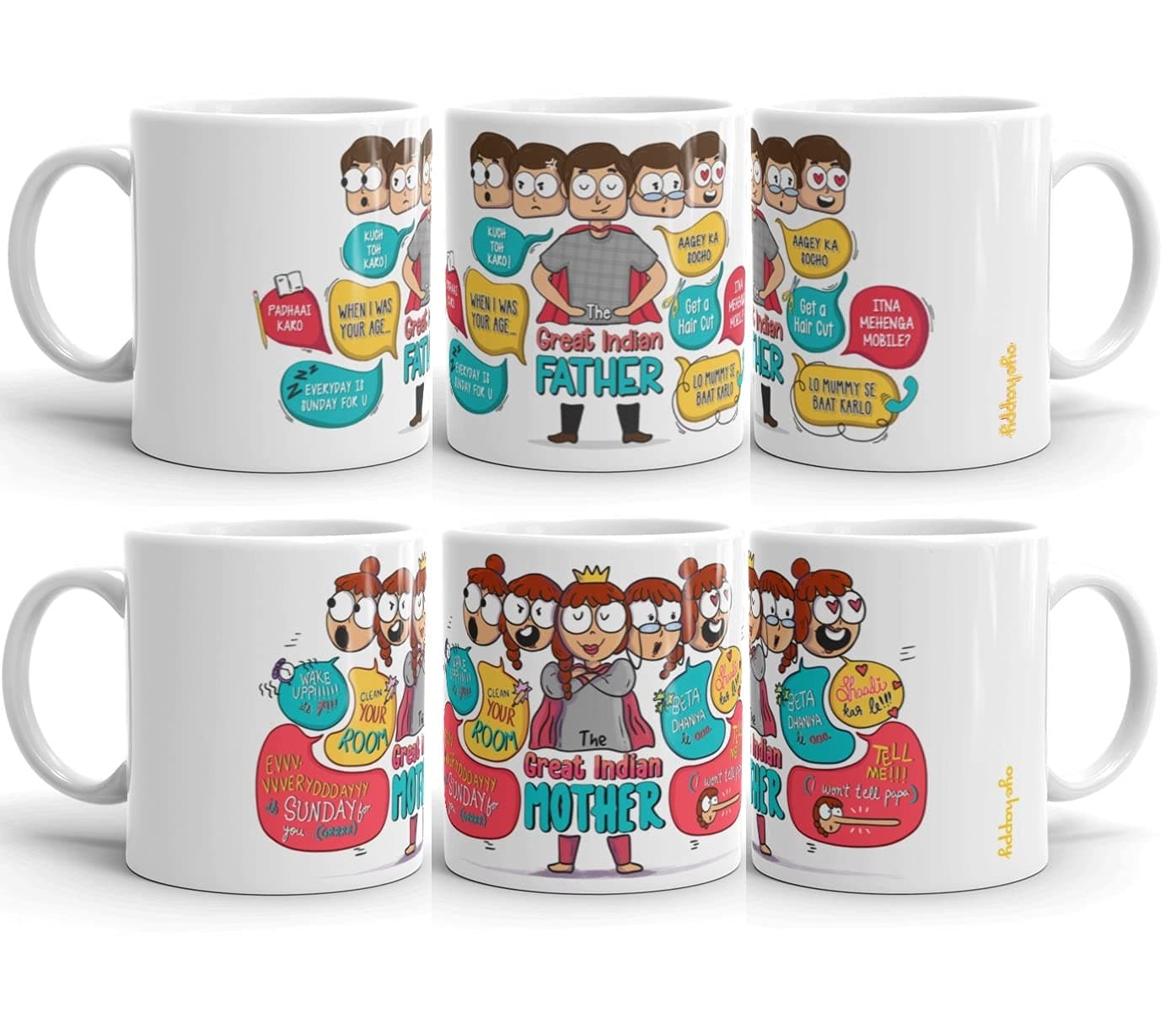 Oye Happy - Great Indian Mom and Dad Illustration Premium Mugs - Gift Combo for Parents/Mother/Father on Birthday/Anniversary