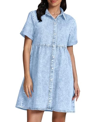GRAPENT Women's Short Sleeve Dress Button Down Short Sleeve Dress Short Sleeve Flowy Dress Short Sleeve Babydoll Dress Roadknight Blue Size Large Size 12 Size 14