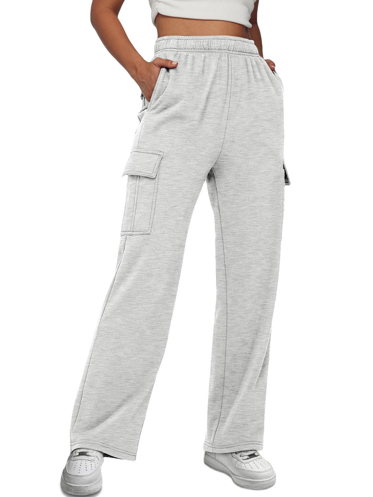 AUTOMET Womens Cargo Sweatpants Baggy Fleece High Waisted Joggers Sweat Pants Athletic Drawstring Casual Wide Leg Loose Fit Fall Pants with Pockets 2025 Grey M