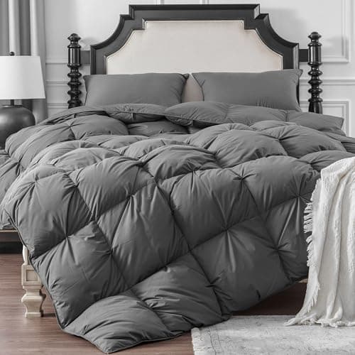 KAKABELL Pinch Pleat Goose Down Feathers Fiber Comforter King Size All SeasonUltra Soft and Cozy Noiseless Duvet Insert with Egyptian Cotton Blend CoverFluffy Warm Comforter InsertGrey90X106