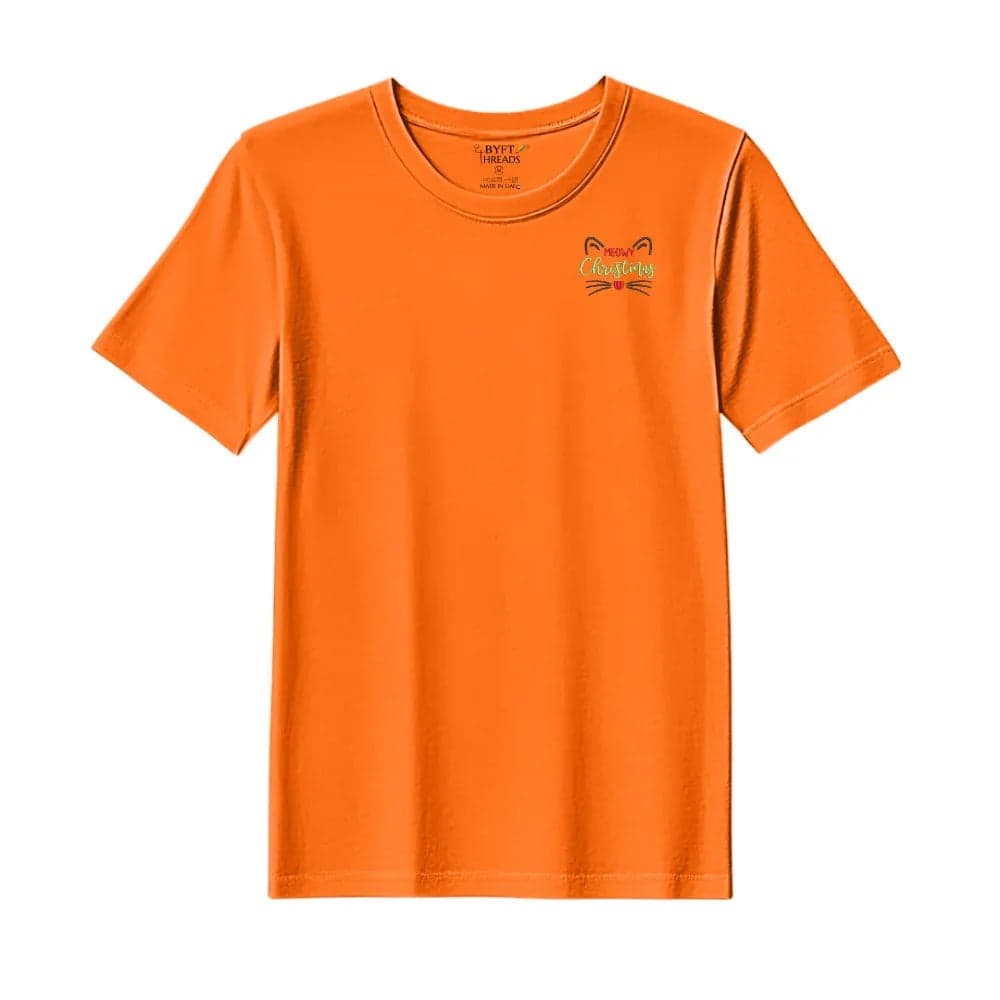 Threads Large Orange Polycotton T-Shirt - Christmas "Meowy Christmas Cat" Embroidered Design, Premium Holiday Collection