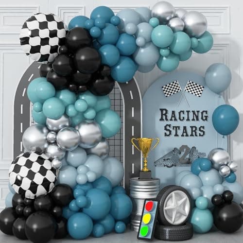 Race Car Balloons Garland Arch Kit Dusty Blue Balloons Green Black Balloon Pale Blue Metallic Silver Balloon Arch Kit with Checkered Foil Balloon for Car Fast Birthday Baby Shower Party Decorations